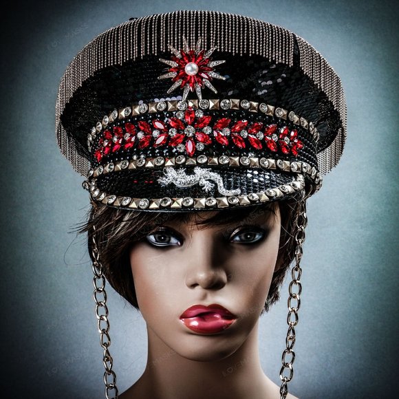 Black Military Captain Hat with Rhinestone and Gold chain For Burning Man Party - Picture 4 of 8